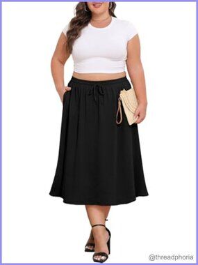 Plus Size High Waisted Midi A-Line Flowy Skirt with Pockets